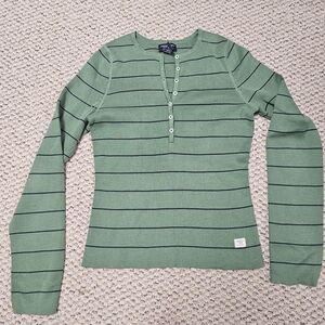 American Eagle Y2K Green Striped Henley Sweater Women’s Small Vintage 90s 00s